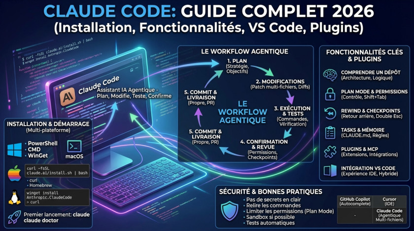 Claude Code : guide complet 2026 (installation, fonctionnalités, VS Code, plugins)