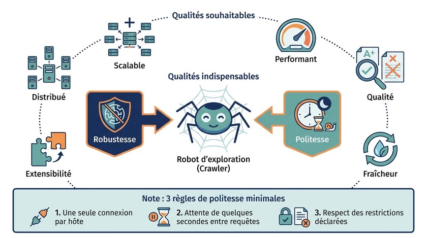 Schéma des qualités d'un robot d'exploration web : robustesse et politesse indispensables au centre, entourées des qualités souhaitables (distribué, scalable, performant, qualité, fraîcheur, extensibi