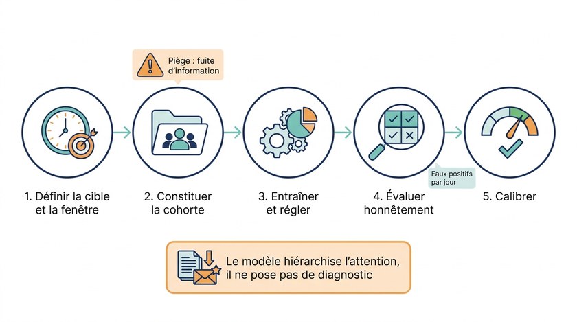 Schéma des cinq étapes de la détection précoce des facteurs de risque par l'IA : définir la cible et la fenêtre, constituer la cohorte (piège de la fuite d'information), entraîner et régler, évaluer h
